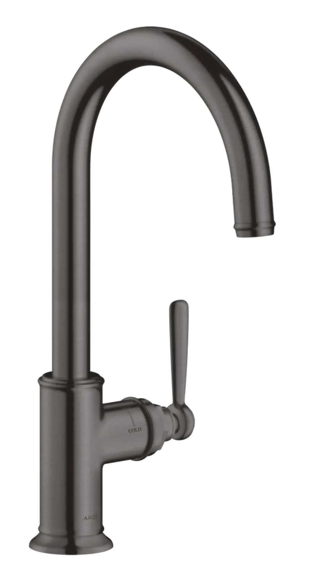 Einhebel-Küchenmischer mit Schwenkauslauf in brushed black chrome von AXOR. Der Griff befindet sich seitlich und ist einfach zu bedienen.